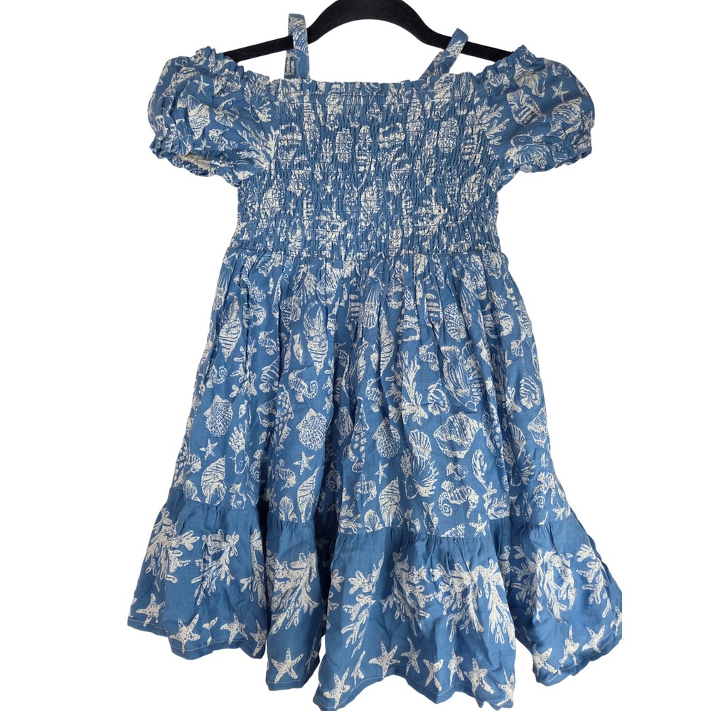 Tommy Bahama Kids‎ Girls Smocked Dress Blue White Seashells Print Size 6